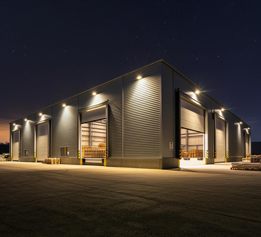 Photo of an illuminated warehouse exterior at night